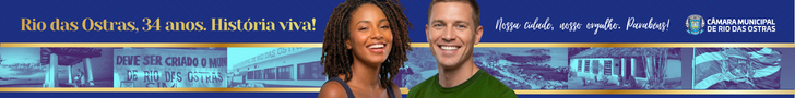 Banner de publicidade da Câmara Municipal de Rio das Ostras comemorando os 34 anos do município