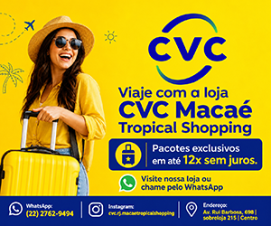Banner de publicidade da CVC Macaé Tropical Shopping.